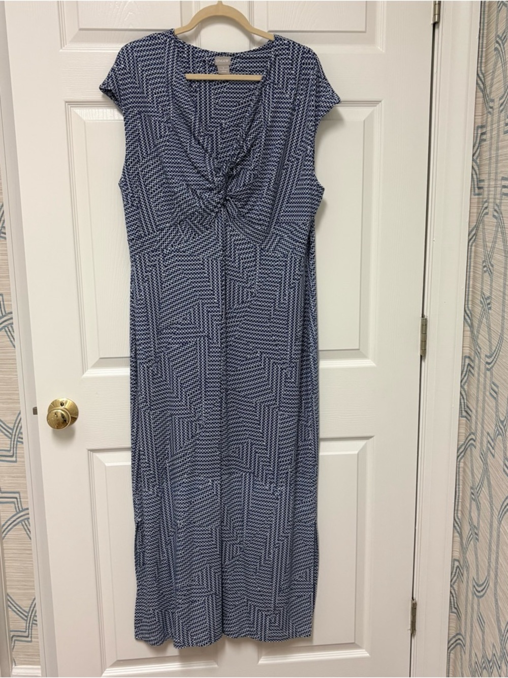 Chico's Blue and White Geometric Knot-Front Maxi Dress